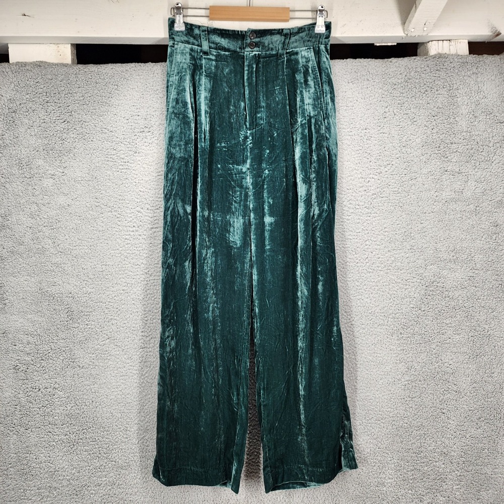 Madewell Teal Green Velvet Wide Leg Pleated High Rise Trousers Pants Size 2